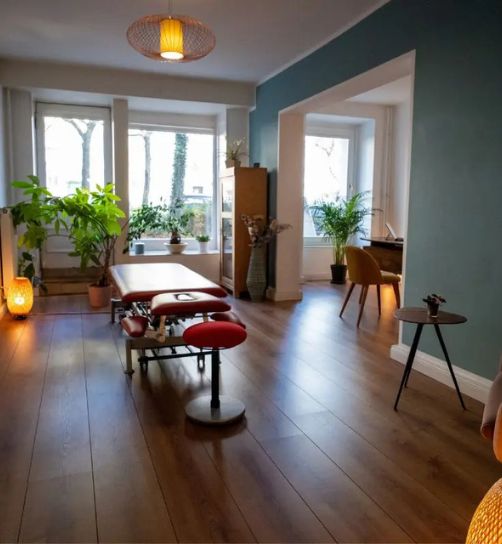 Heller Behandlungsraum mit Liege und Pflanzen in der Heilpraxis Harald Erb, Berlin Prenzlauer Berg
