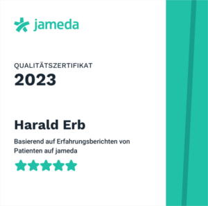 jameda Qualitätszertifikat 2023 für Harald Erb, basierend auf Erfahrungsberichten von Patienten